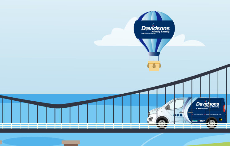 picart of davidsons van on bristol suspension bridge with balloons flying over